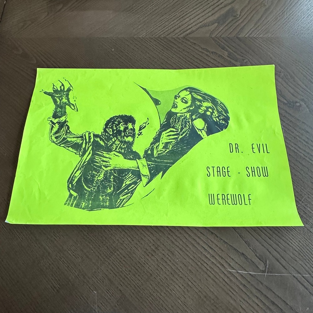 Vintage Dr Evil Stage Show Werewolf Horror Magic Flyer Neon Green Ephemera 18x12